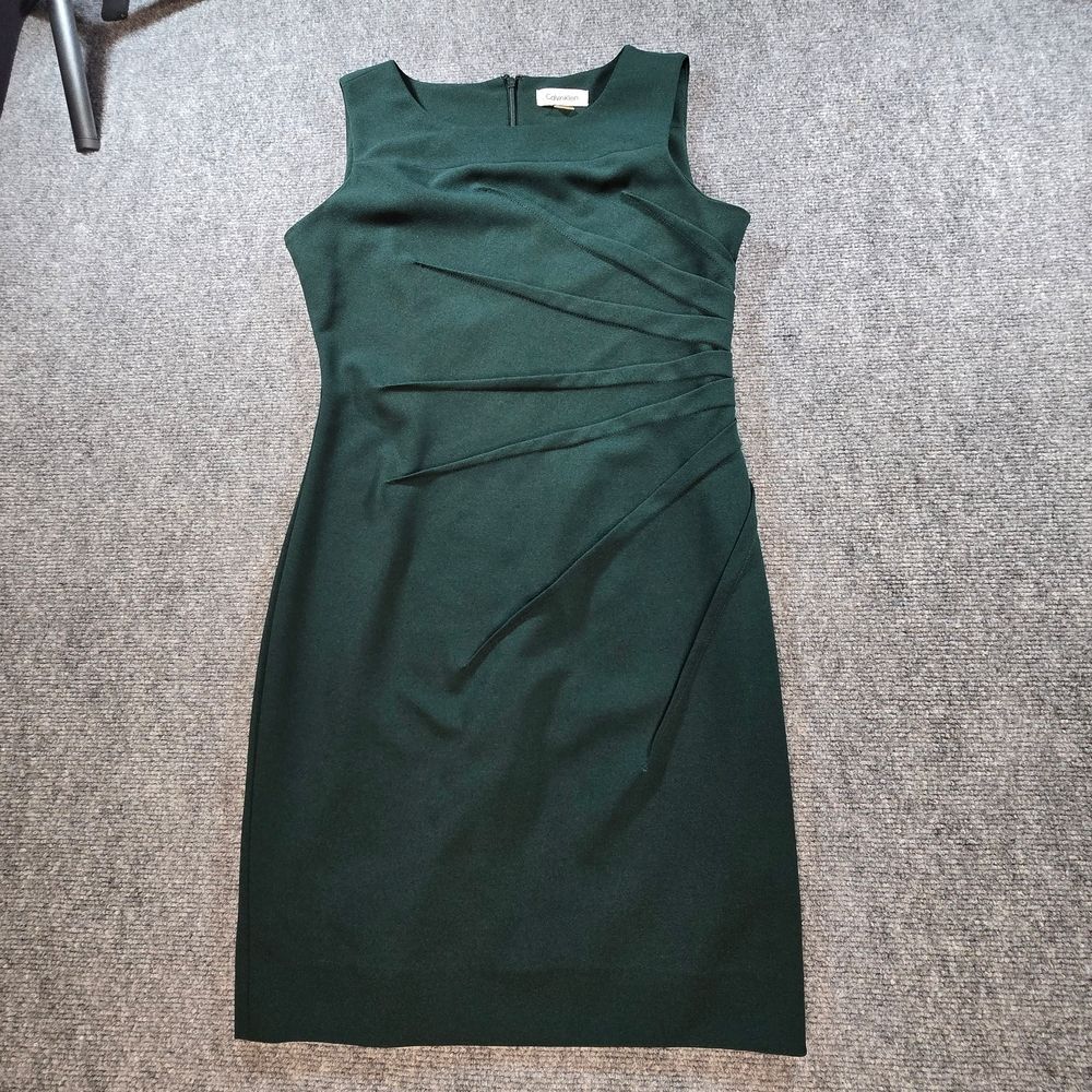 Calvin Klein Petite Sheath Dress Womens 6P Forest Green Ruched Draped Midi